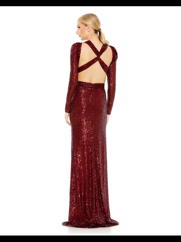 Mac Duggal Burgundy Sequin Long Sleeve Open Back Gown